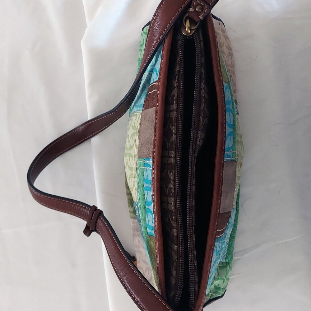 Vintage Fossil Turquoise and Brown Patchwork Cloth Bag - Picture 6 of 7